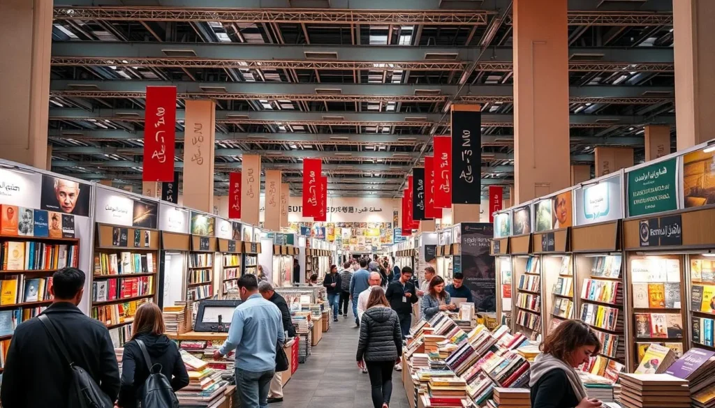Generate an image of the Beirut Arab International Book Fair exhibition hall.