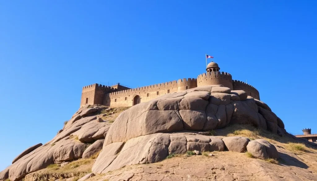 Generate an image of the Bellary Fort perched atop a massive granite rock, showcasing its historical significance and architectural grandeur.
