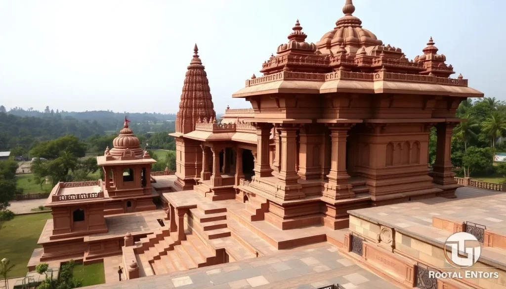 Generate an image of the Bhabaniswar Temple, showcasing its intricate terracotta architecture and serene surroundings.