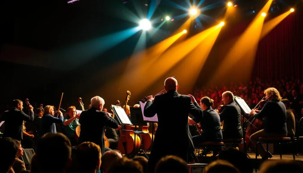 Generate an image of the Binghamton Philharmonic Orchestra performing on stage. Generate an image of the Binghamton Philharmonic Orchestra performing on stage.