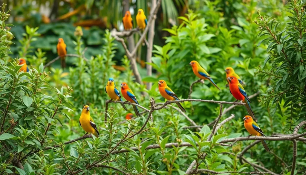 Generate an image of the Bird Garden in Karaj, showcasing its lush greenery and diverse bird species.