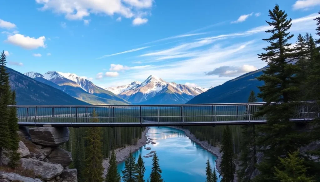 Generate an image of the Blackshale Suspension Bridge in Kananaskis, with a serene mountainous backdrop.