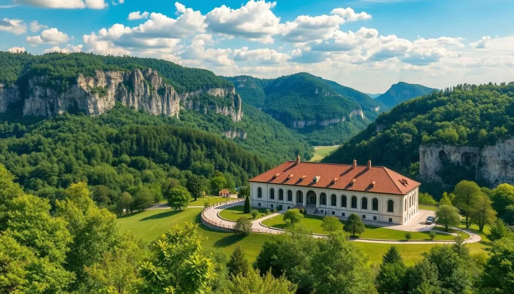 Generate an image of the Bohemian Karst landscape with a museum building in the foreground.
