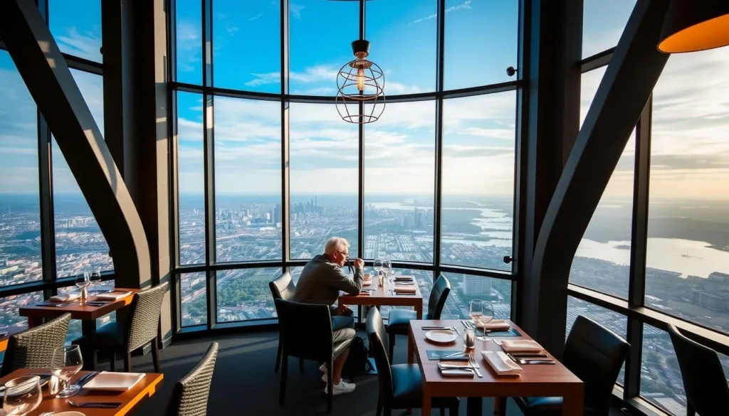 Generate an image of the Bolt Tower and Café, highlighting its unique dining experience and panoramic views.