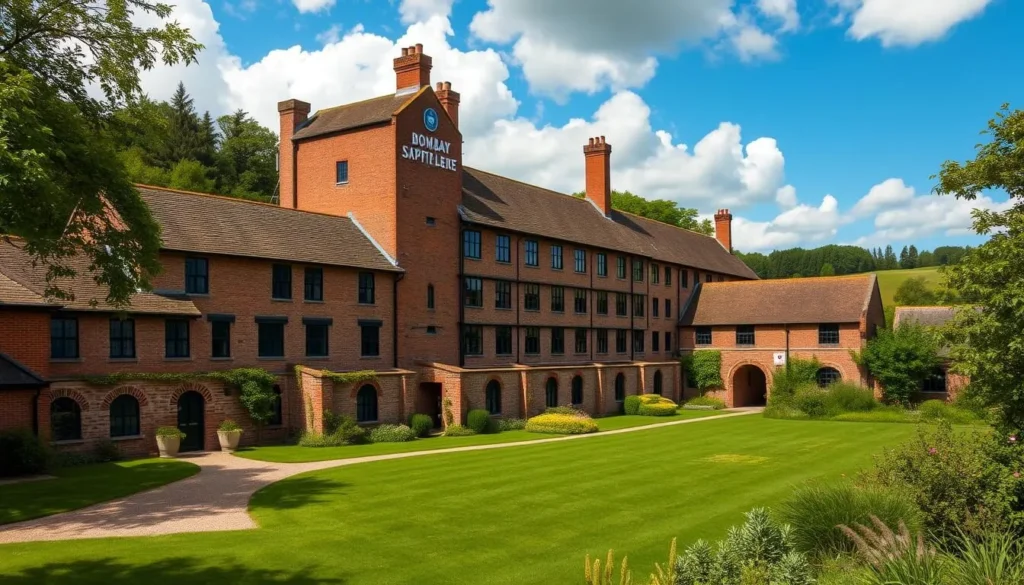 Generate an image of the Bombay Sapphire Distillery, a beautifully restored Victorian paper mill in the Hampshire countryside.