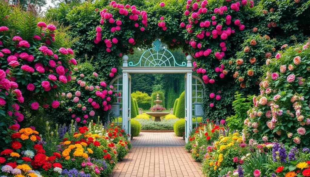Generate an image of the Botanical Garden Teplice's main entrance, surrounded by vibrant flowers and lush greenery.
