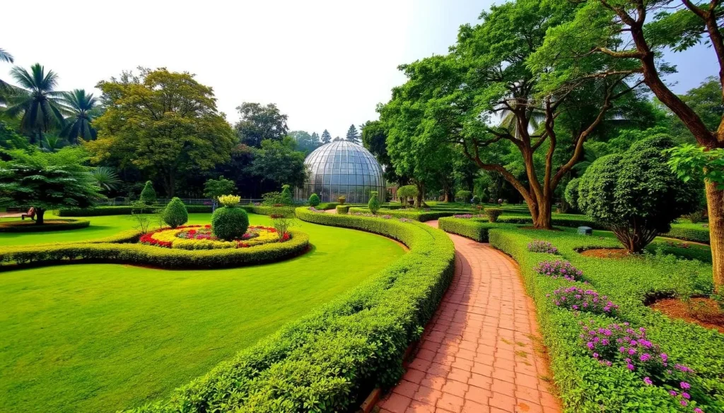 Generate an image of the Botanical Garden of Indian Republic in Noida, showcasing its lush greenery and serene pathways.