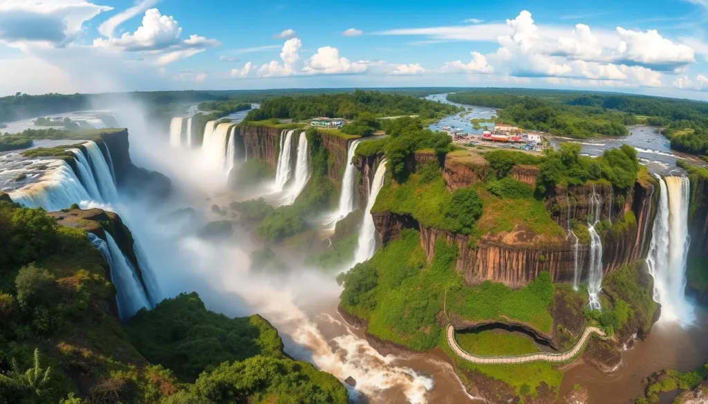Generate an image of the Brazilian side of Iguacu Falls with a panoramic view.