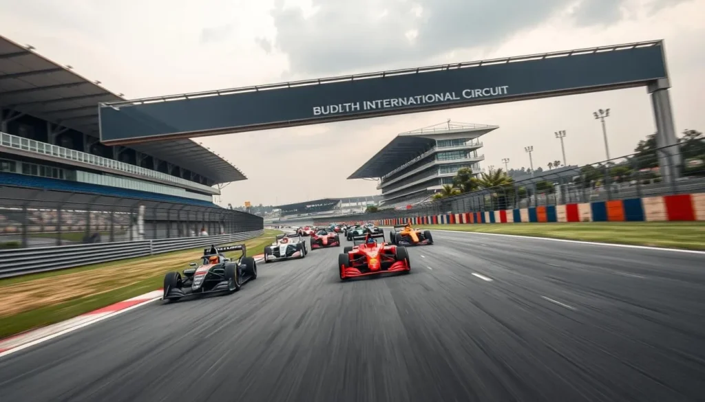 Generate an image of the Buddh International Circuit with racing cars speeding on the track.