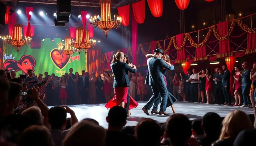 Generate an image of the Buenos Aires Tango Festival scene with dancers performing on stage.