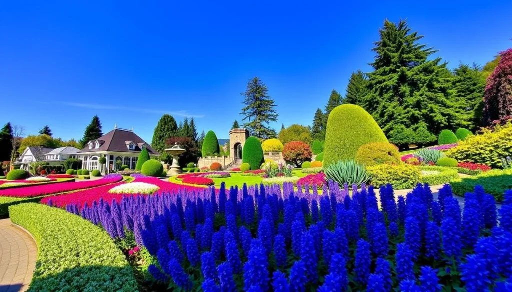 Generate an image of the Butchart Gardens in Victoria, with vibrant floral displays and beautifully landscaped gardens.
