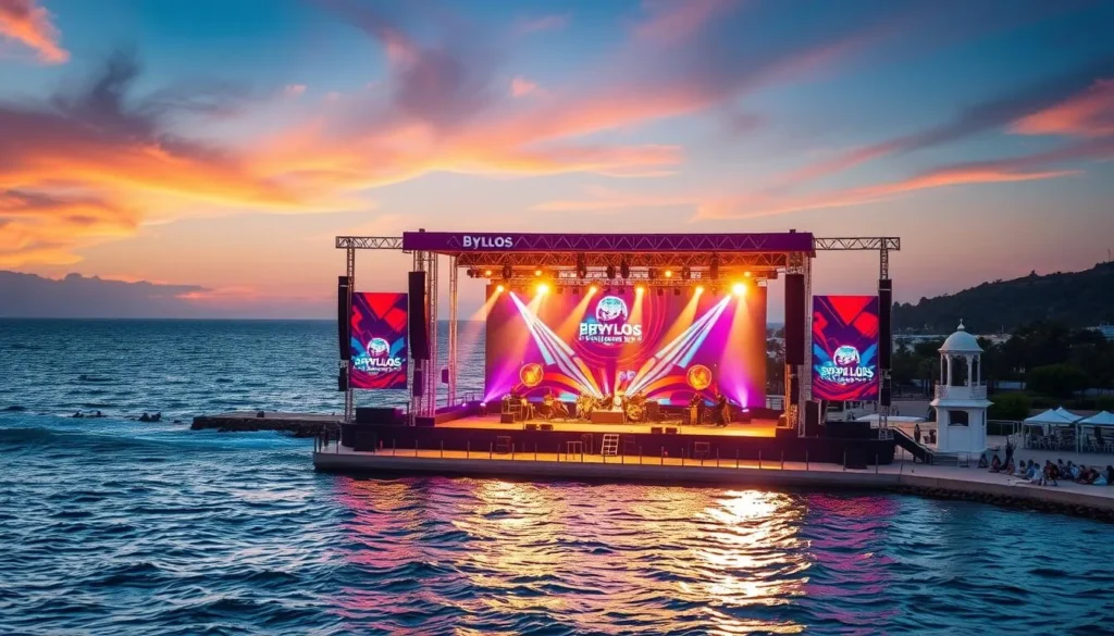 Generate an image of the Byblos International Festival stage set against the Mediterranean Sea.