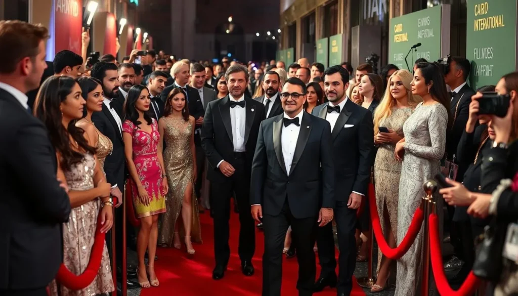 Generate an image of the Cairo International Film Festival red carpet with Egyptian and international celebrities