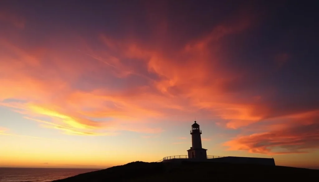 Generate an image of the Cape Santa Maria Lighthouse in La Paloma, Uruguay, with a stunning sunset background.