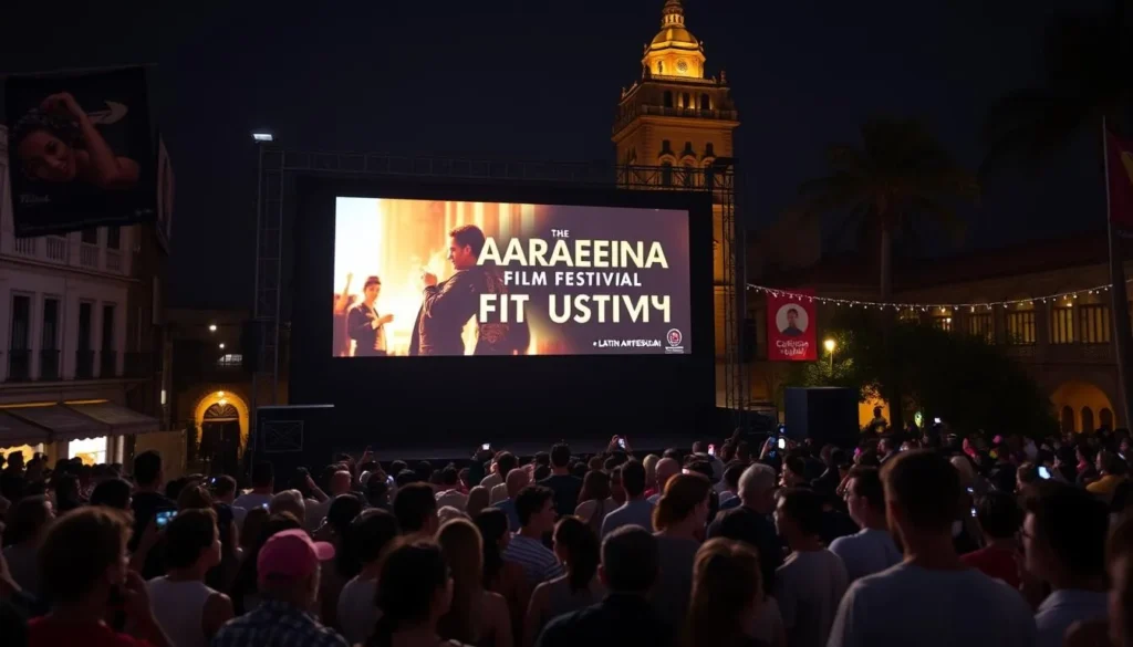 Generate an image of the Cartagena Film Festival at night with a large screen displaying a Latin American film, surrounded by people enjoying the event.