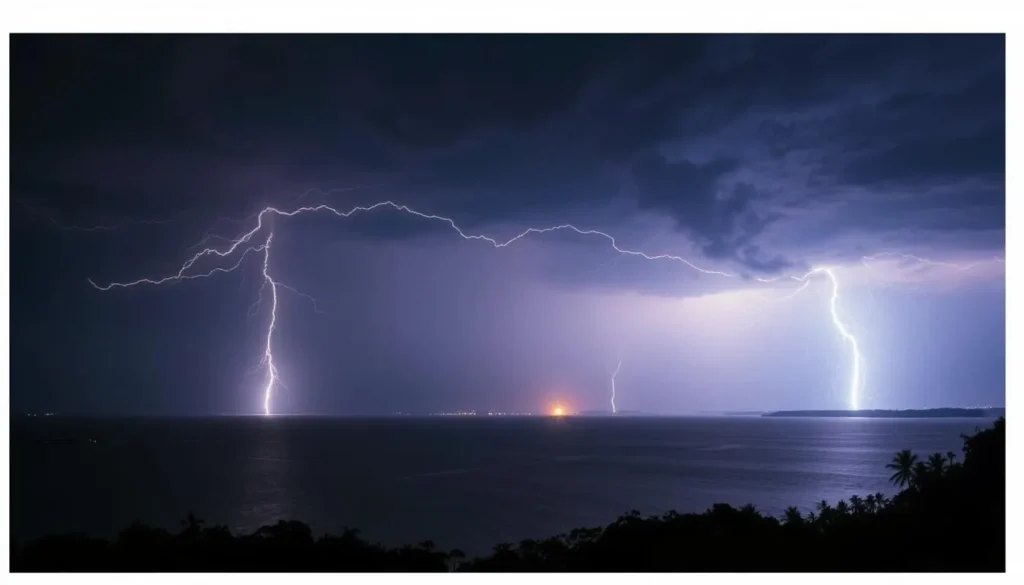 Generate an image of the Catatumbo Lightning over Lake Maracaibo at night.