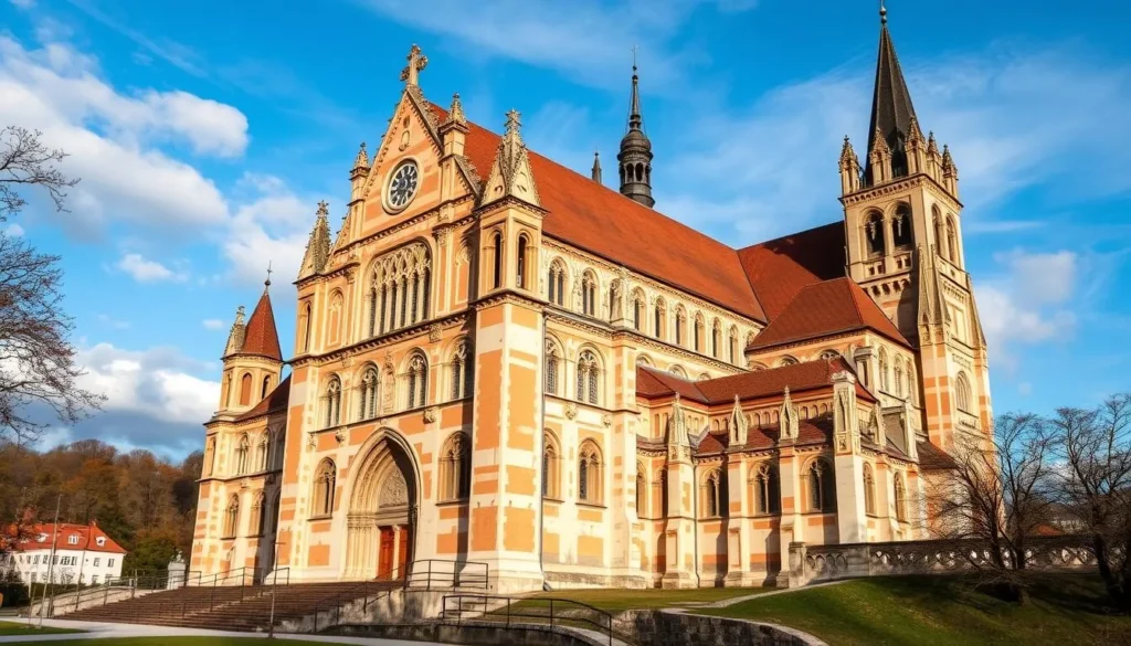 Generate an image of the Cathedral of Our Lady at Sedlec in Kutná Hora, showcasing its unique Baroque-Gothic architecture.