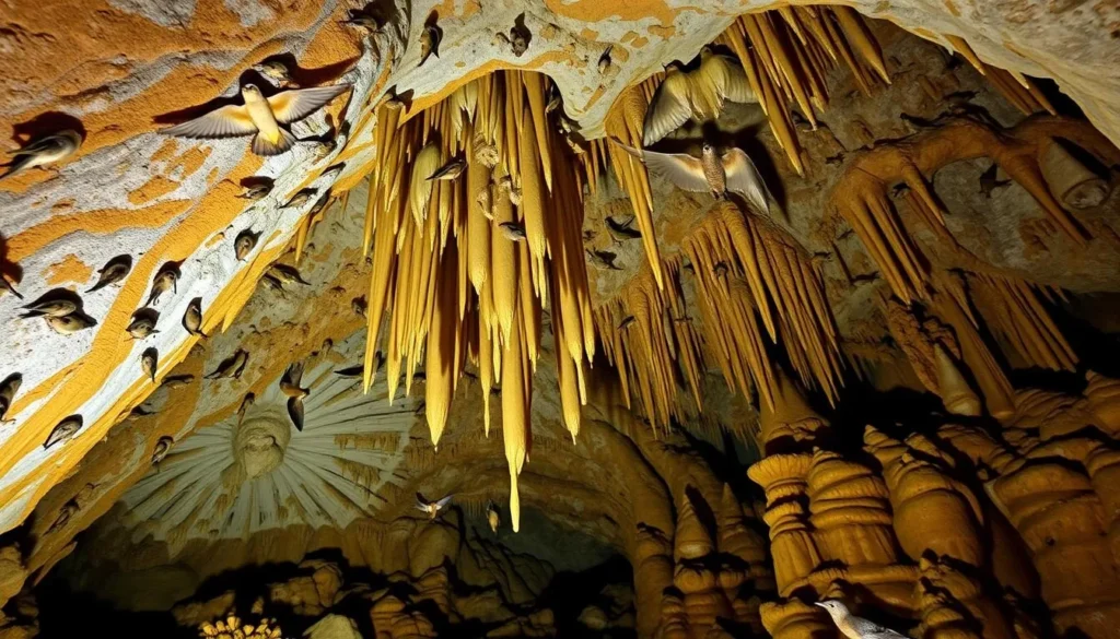 Generate an image of the Cave of the Owls, a 400-meter long cave with stalactites and stalagmites, home to bats, swallows, and other wildlife.