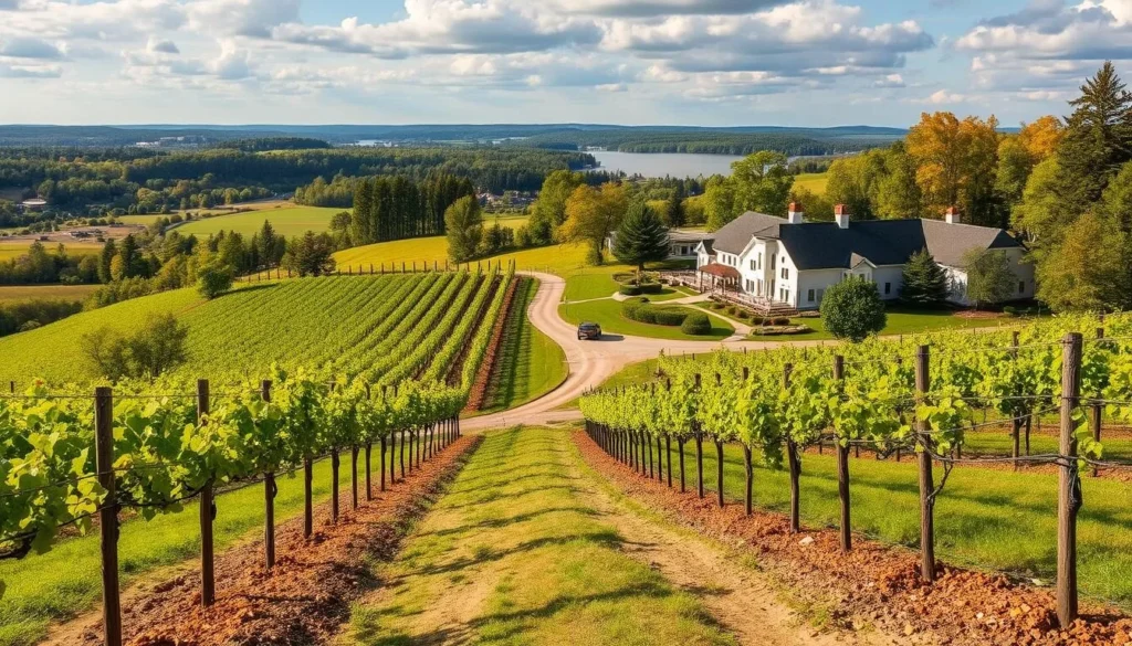 Generate an image of the Cayuga Lake Wine Trail with its scenic vineyards and wineries.