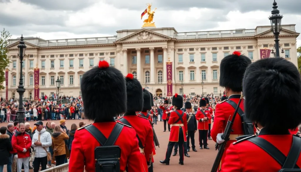 Generate an image of the Changing of the Guard ceremony at Buckingham Palace