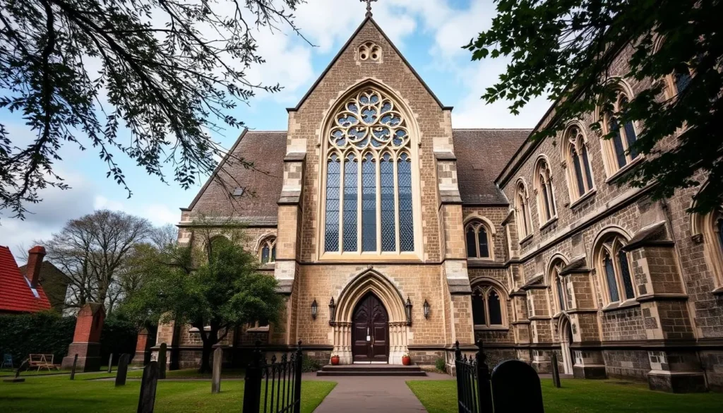 Generate an image of the Church of St Mary the Virgin, showcasing its Perpendicular Gothic west window and surrounding churchyard.