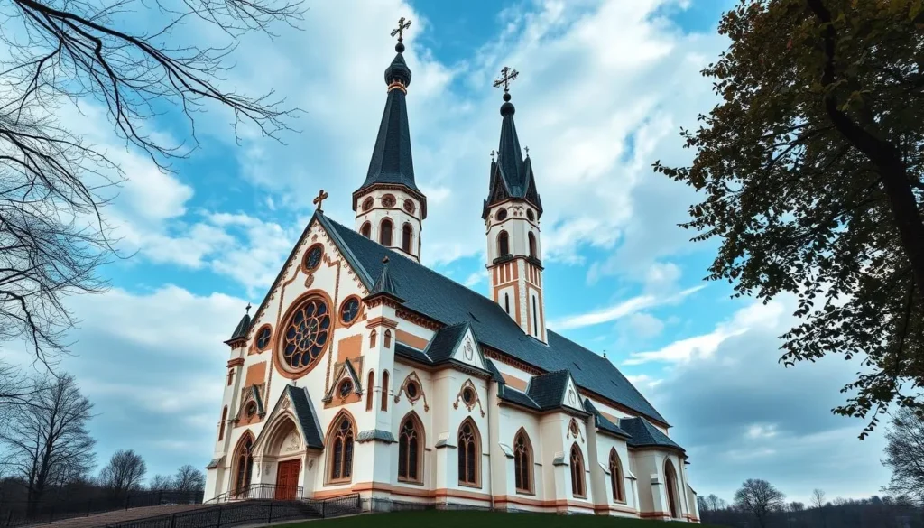 Generate an image of the Church of St. John of Nepomuk at Zelená Hora, showcasing its unique star-shaped design and Baroque Gothic architecture.