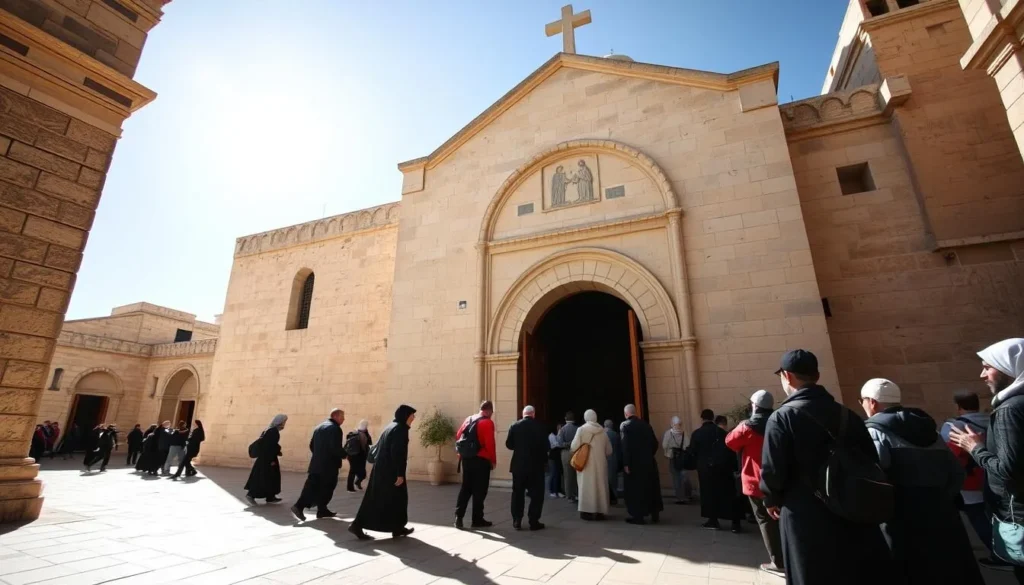 Generate an image of the Church of the Nativity in Bethlehem, with pilgrims entering through the Door of Humility.