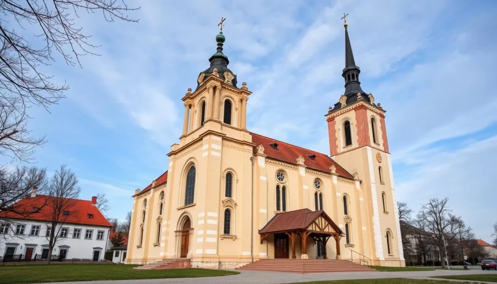 Generate an image of the Church of the Nativity of the Blessed Virgin Mary in Pisek, Czechia, showcasing its architectural beauty.