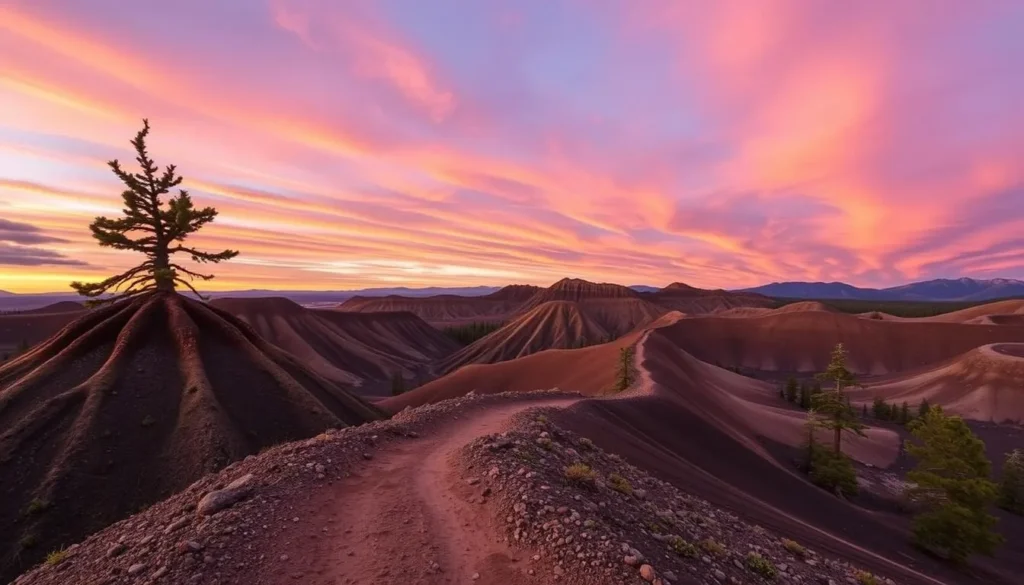 Generate an image of the Cinder Cone Trail in Lassen Volcanic National Park at sunrise or sunset.