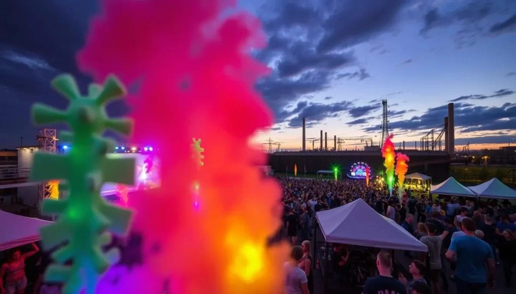 Generate an image of the Colours of Ostrava festival grounds, showcasing the industrial setting and vibrant atmosphere.