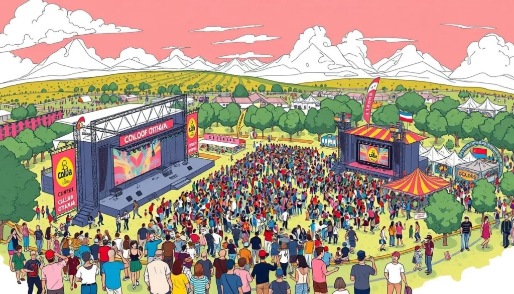 Generate an image of the Colours of Ostrava festival grounds with multiple stages and a large crowd.