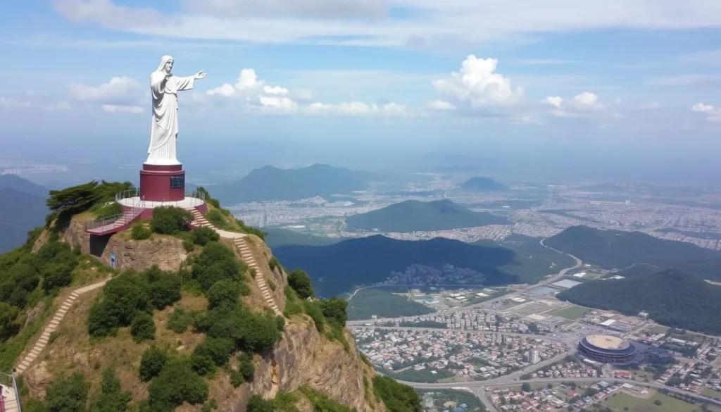 Generate an image of the Cristo de la Luz statue standing tall on Cerro El Gallo hill, overlooking Ciudad Guayana.