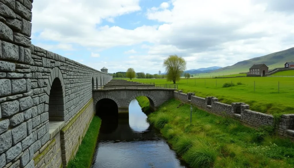 Generate an image of the Cumbe Mayo canal, showcasing its intricate stonework and the surrounding landscape.