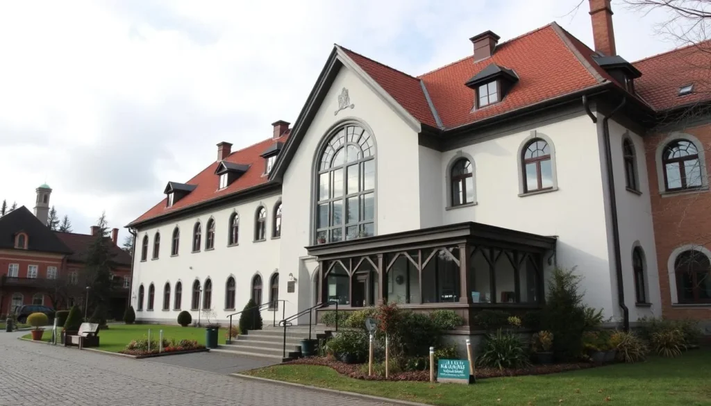 Generate an image of the Dalarna Museum's exterior, showcasing its architecture and surroundings.