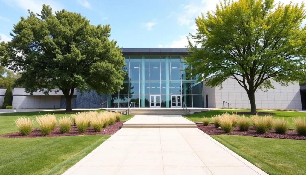 Generate an image of the Delaware Art Museum's exterior, showcasing its modern architecture amidst a serene environment.