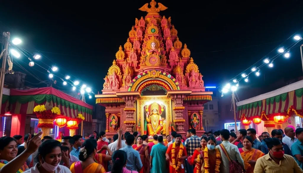 Generate an image of the Devi Amman Temple during a festival, highlighting its vibrant decorations and celebrations.