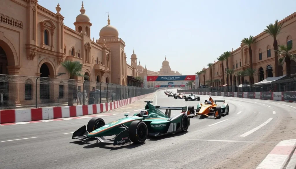 Generate an image of the Diriyah Street Circuit during the Formula E event, showcasing the racing cars and the historic Diriyah backdrop.