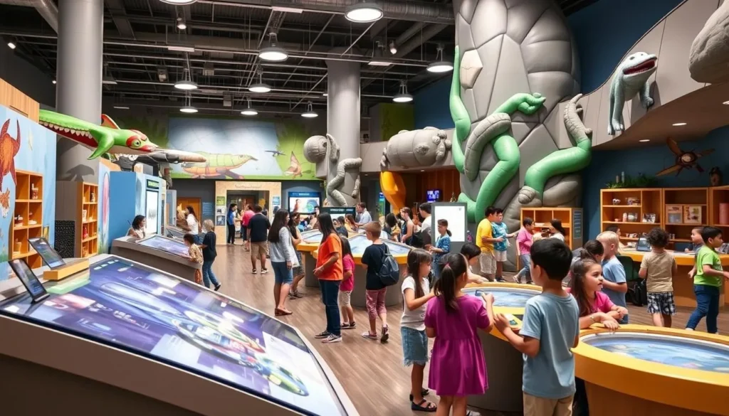 Generate an image of the Discovery Center's main exhibit hall, featuring interactive displays and children engaging with the activities. Generate an image of the Discovery Center's main exhibit hall, featuring interactive displays and children engaging with the activities.