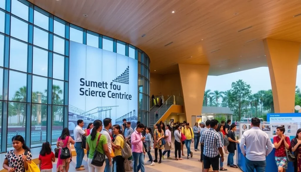 Generate an image of the District Science Centre Tirunelveli, showcasing its modern architecture and a crowd of visitors engaging with interactive exhibits.