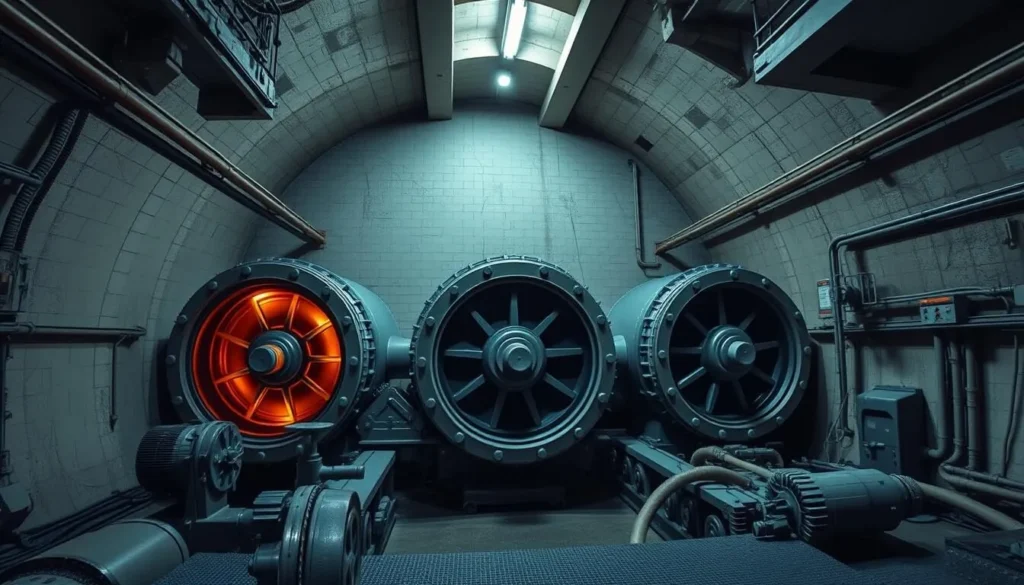 Generate an image of the Dlouhé Stráně Hydro Power Plant's underground turbine hall.