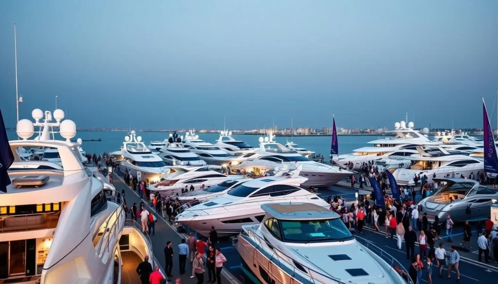 Generate an image of the Dubai International Boat Show with luxurious yachts and marine technologies on display.