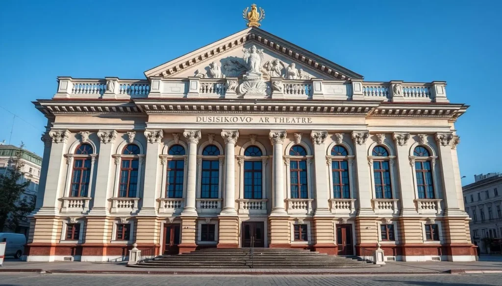 Generate an image of the Dusikovo Theater's historic facade.