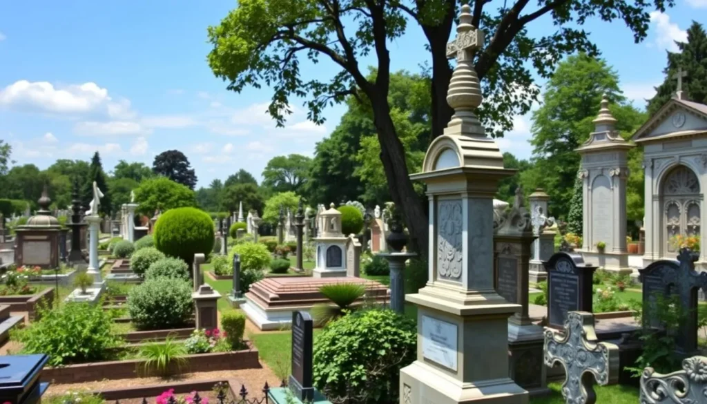 Generate an image of the Dutch Garden, a European-style cemetery with beautiful tombs.