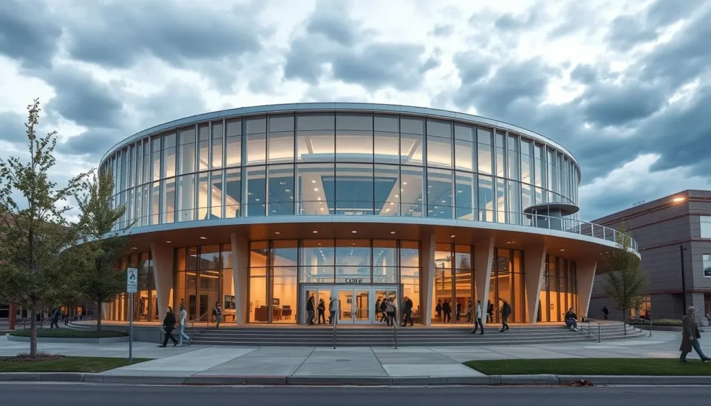 Generate an image of the Esplanade Arts and Heritage Centre in Medicine Hat, showcasing its contemporary architecture and vibrant cultural atmosphere.