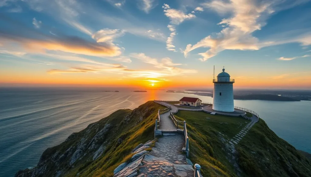 Generate an image of the Farol Lighthouse on a scenic hilltop with panoramic views of Ilha do Farol.
