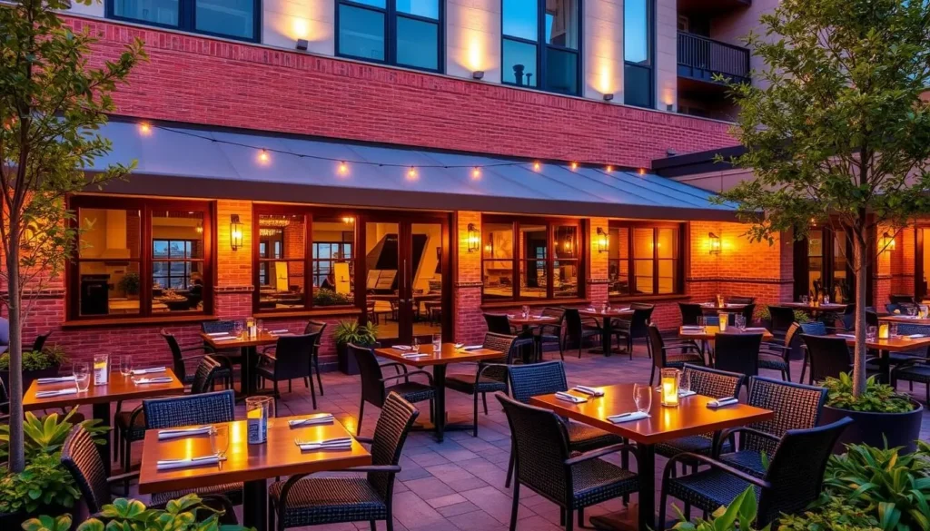 Generate an image of the Firestone Restaurant's patio at the Coast Hotel and Conference Centre