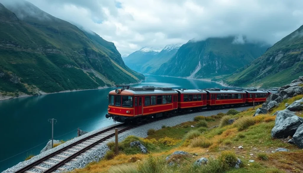 Generate an image of the Flåm Railway train traveling through a fjord