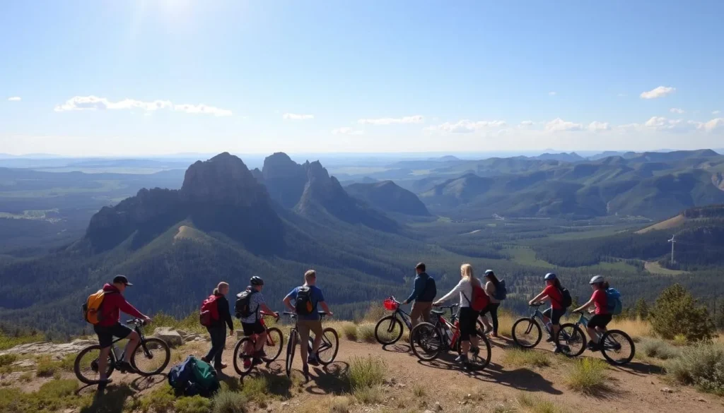 Generate an image of the Flatiron Crossing Trails with hikers and bikers enjoying the scenic views.