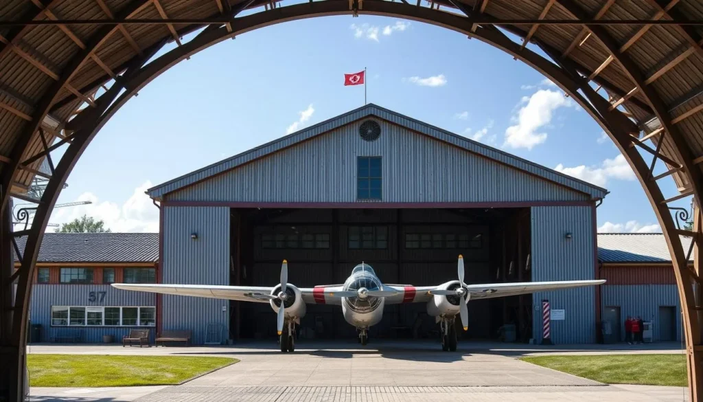 Generate an image of the Flyhistorisk Museum Sola's exterior, showcasing its historic hangar.