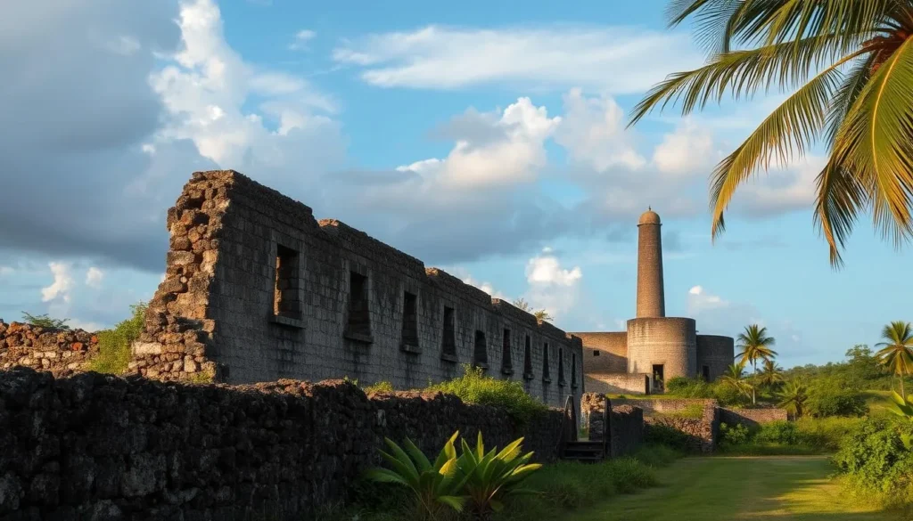 Generate an image of the Fort Diamant ruins on the Cayenne Peninsula, with the old sugar mill in the background.
